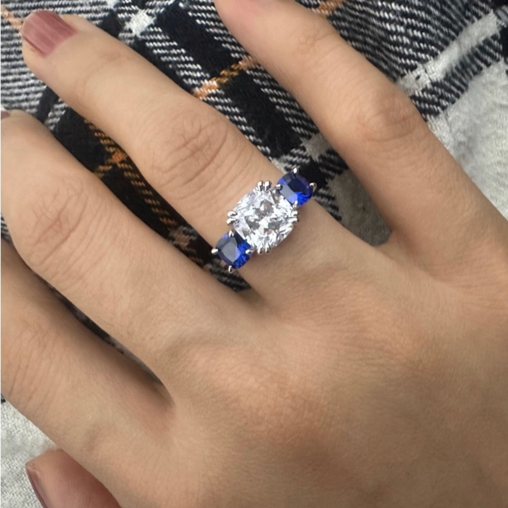 Italo Three Stone Cushion Cut Blue Topaz Engagement Ring - Picture 6 of 7